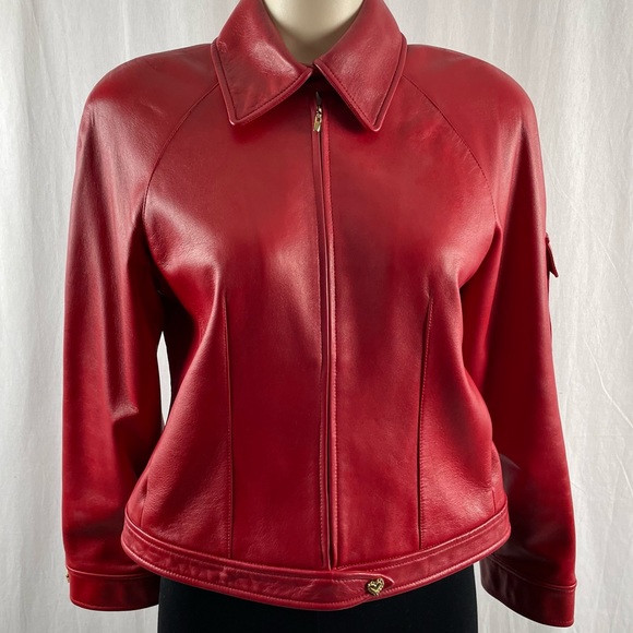 St. John Jackets & Blazers - St. John Sport Vintage Red Leather Jacket with Gold Heart Buttons
